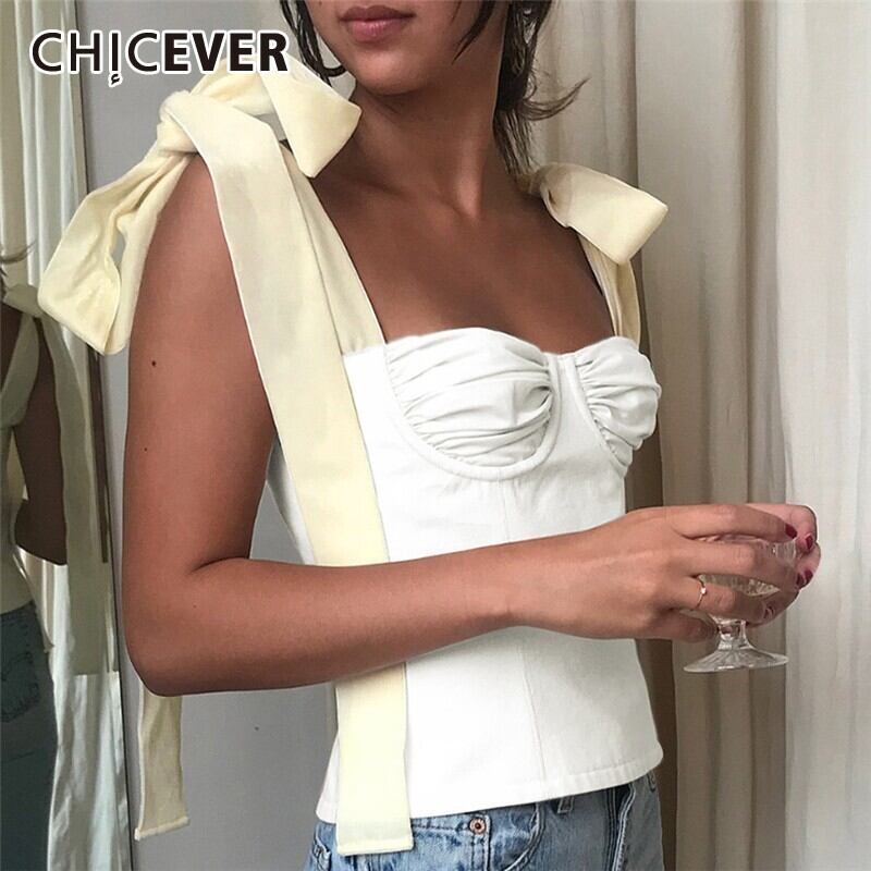 CHICEVERホワイトクロップトップスノースリーブバンデージボウショートストラップベストレディースヴィンテージトップス2020サマータイド リボン 夏物 ビンテージ 6base591023678132