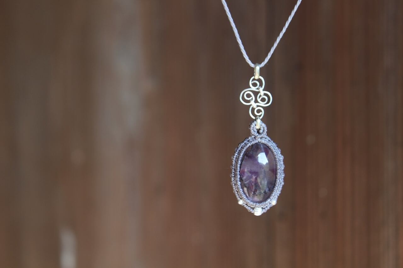 Trapiche amethyst silver925 wirework micro macrame pendant