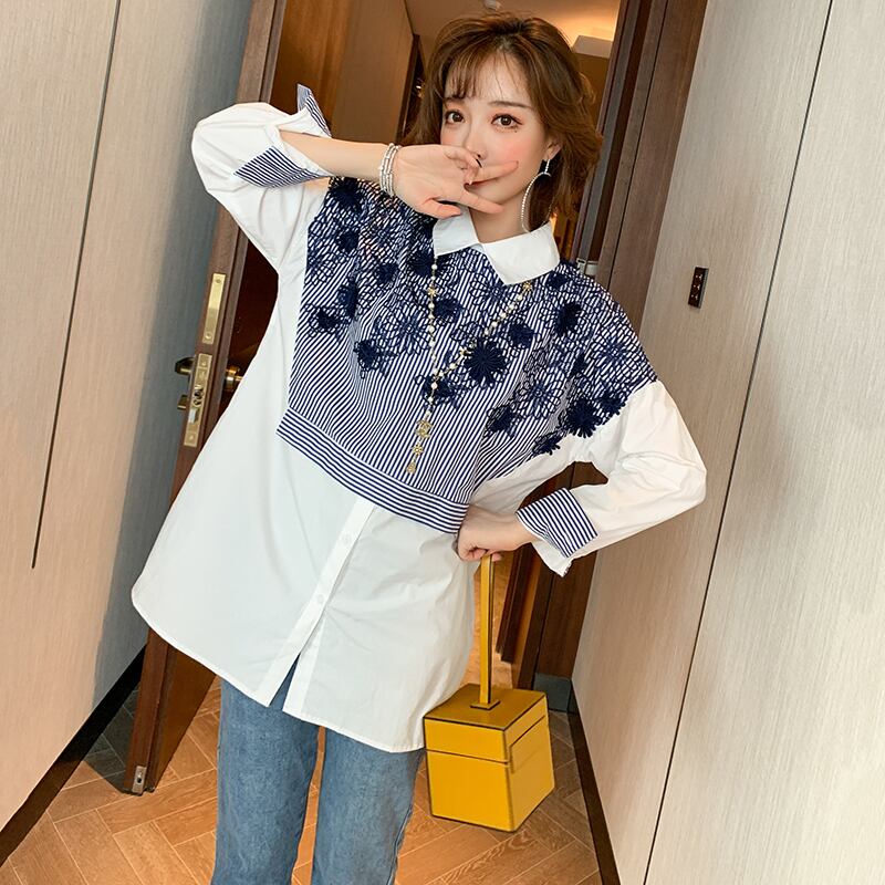 ストライプ刺繍シャツ スプリング 春物 ステッチ MIUCO40331899175