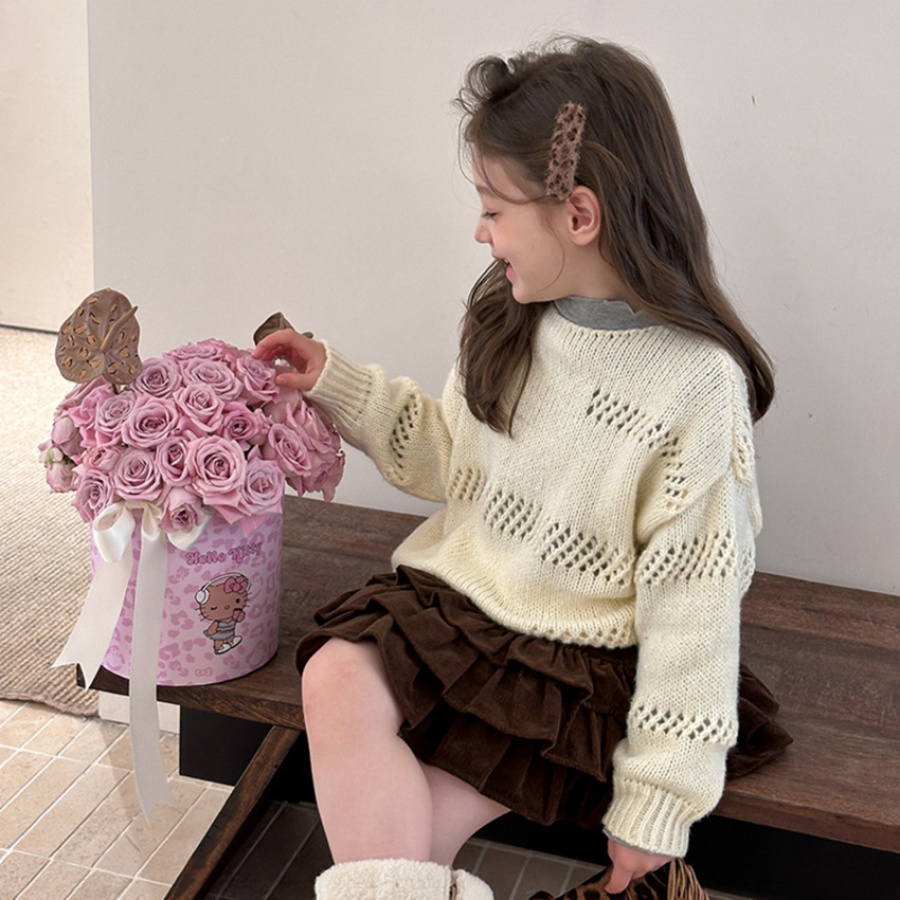 秋オープンワークニットシャツ