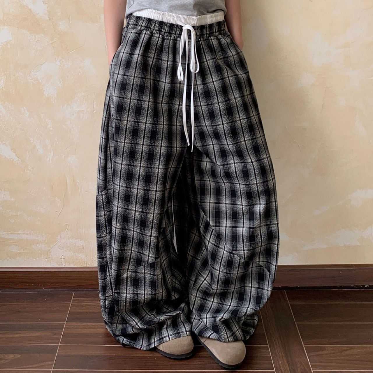 モノトーンオンブレチェックルーズパンツ R00303