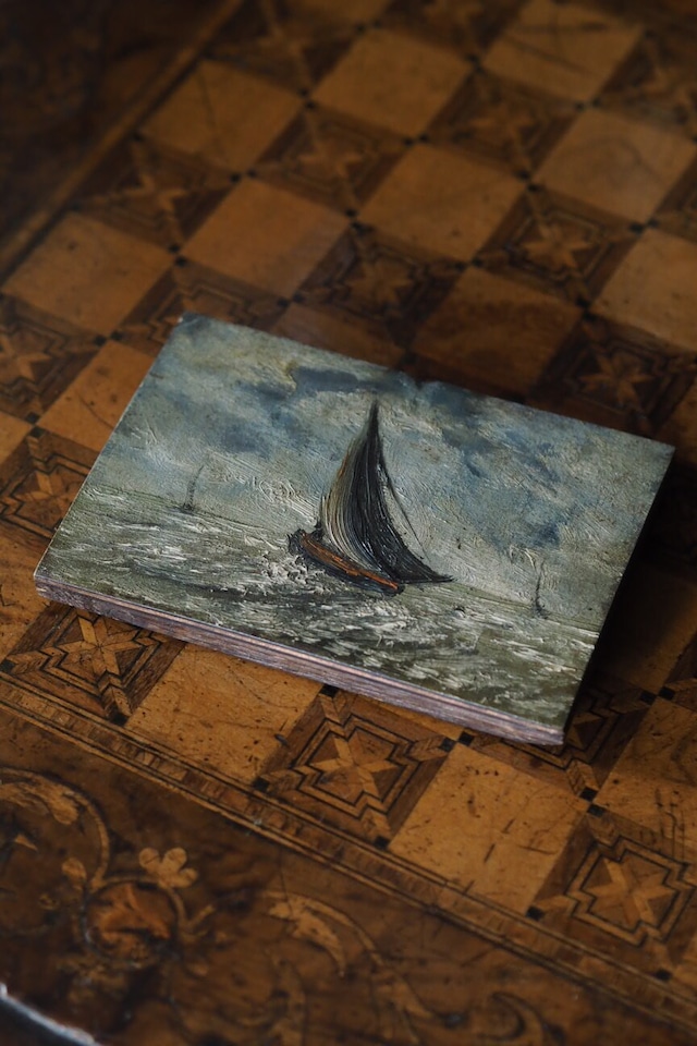 波間浮かぶヨットの油絵-antique oil painting