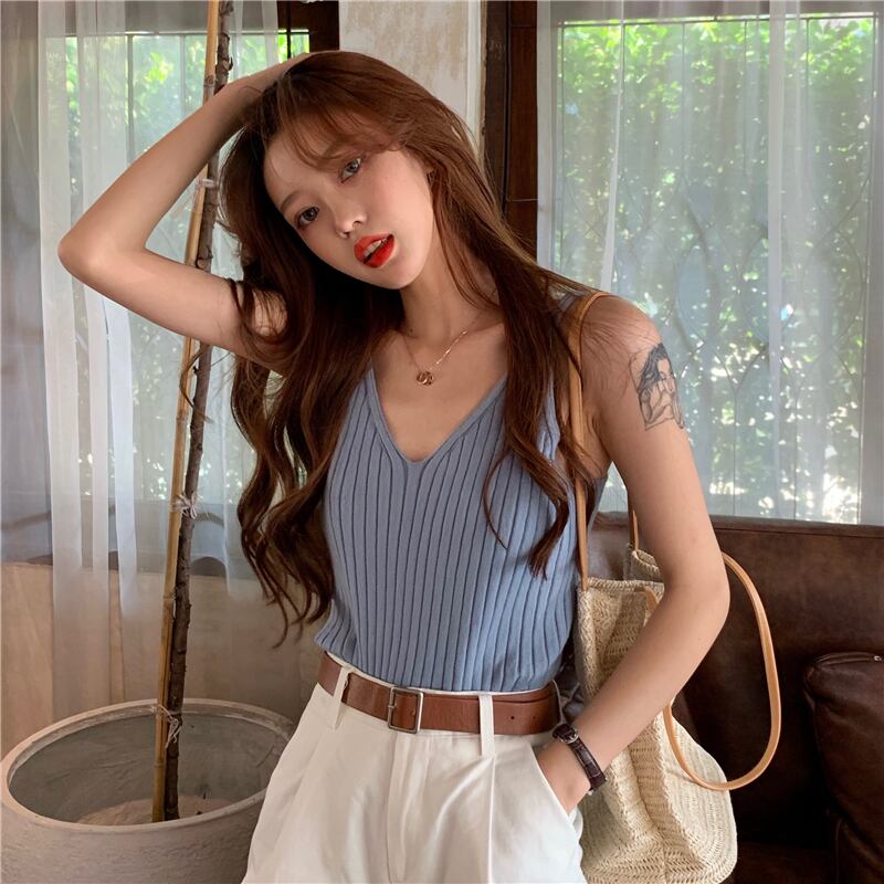 ニットVネックサマーノースリーブトップス 夏物 YY-ファッション79837152020