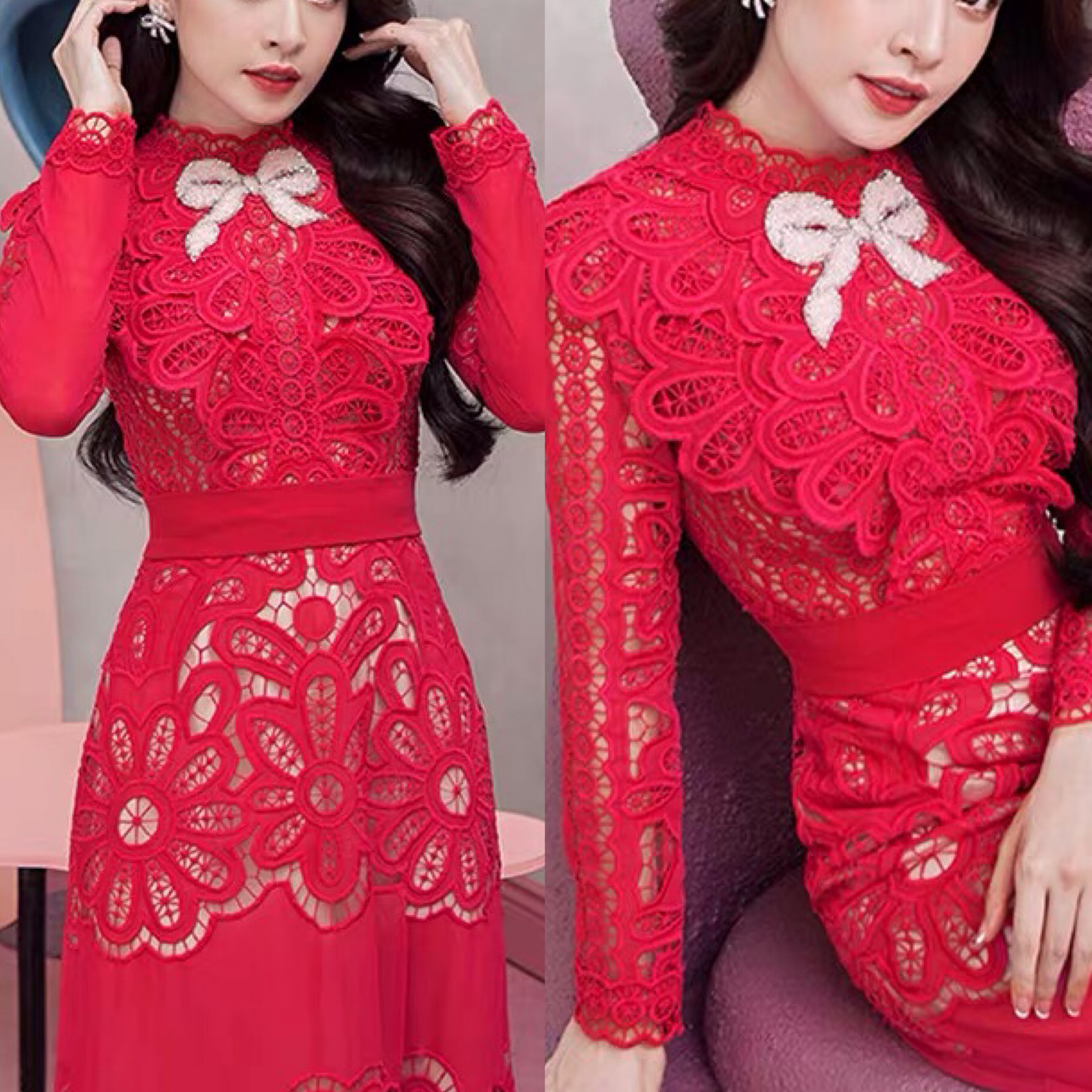 ワンピース 赤 ピンク レース リボン エレガント 可愛い リボン 黄色