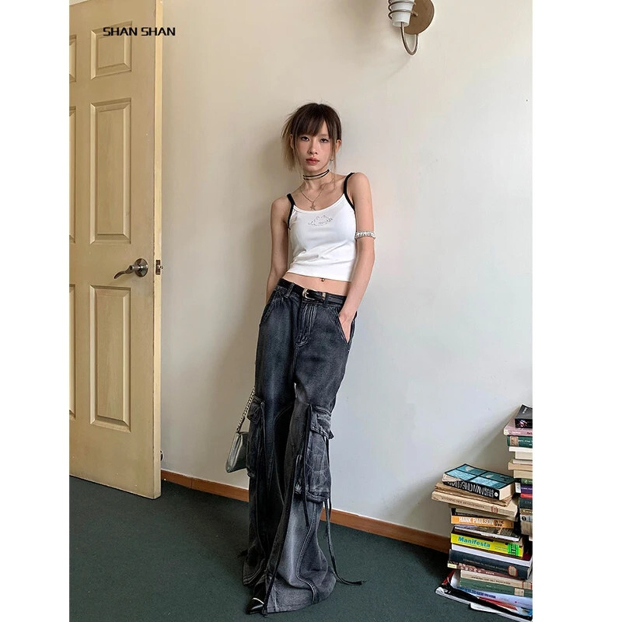 女性黒ゴシックだぶだぶのカーゴジーンズヴィンテージ 90 年代美的 Y2k 