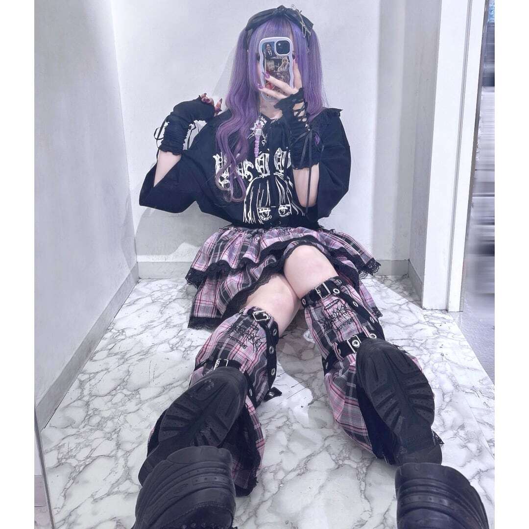 サブカル刺繍☆チェック柄レッグウォーマー(PINK) | VOLCAN&APHRODITE