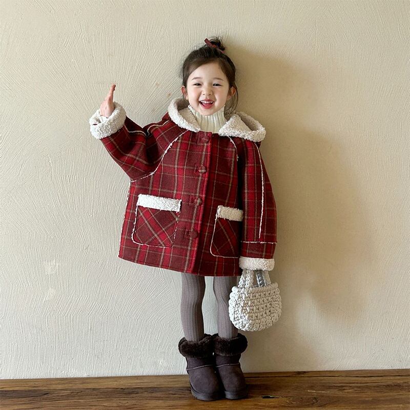 冬新作」クリスマスチェック柄フード付き起毛ロングコート | Blue hyacinth