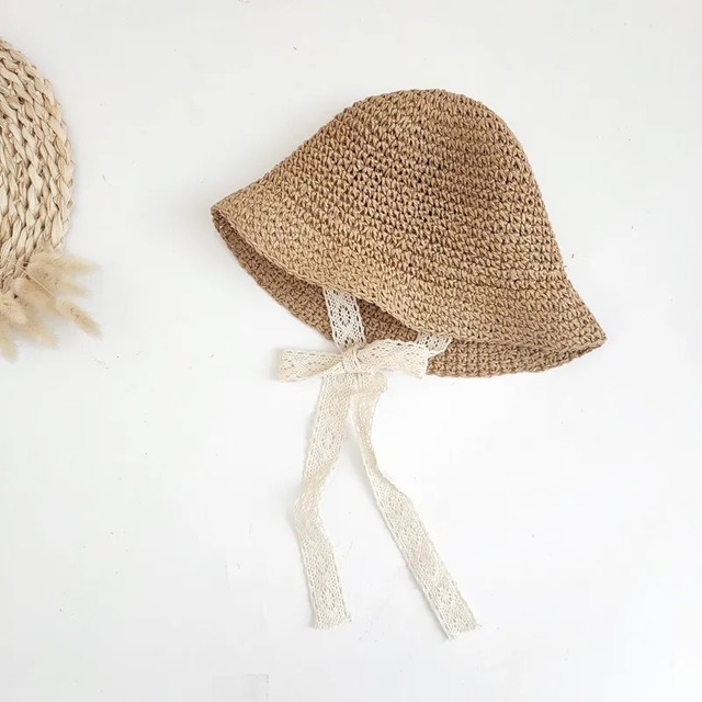 lace straw hat 〝khaki〟｜ストローハット 帽子 レース ベビー キッズ 夏