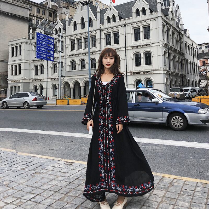 スプリングサマーボヘミアン薄手ドレス レディース レッド コットン 刺繍 大きめサイズ 春物 夏物 延命家ファッション8895961