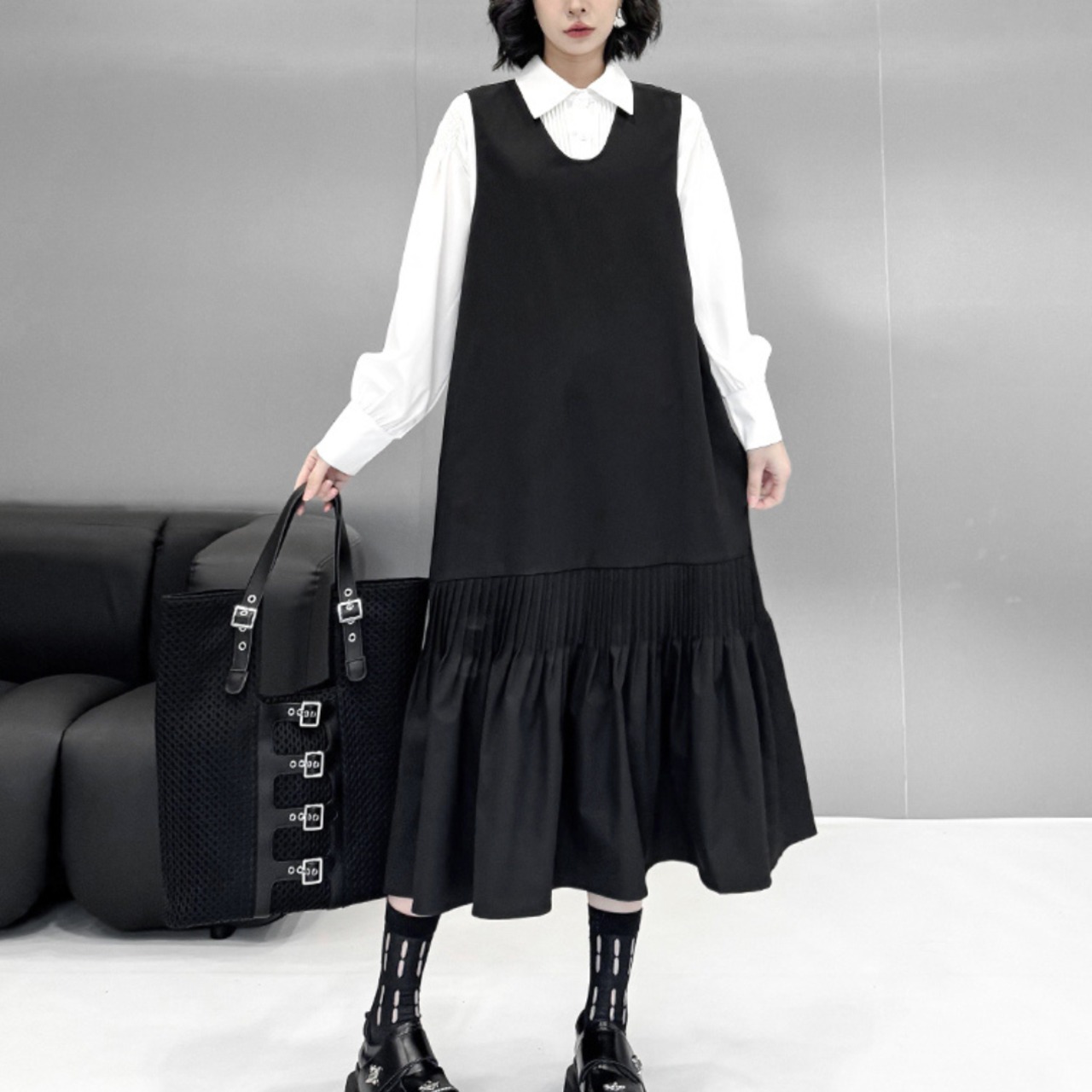 Pleated long vest dress(ME021)