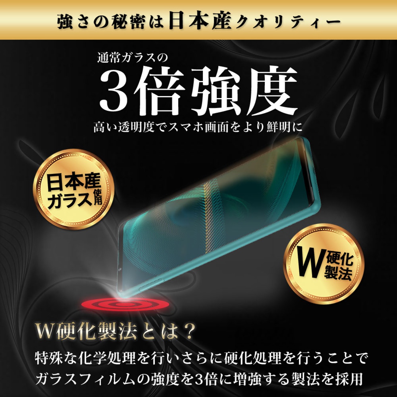 Hy+ Xperia5 III フィルム SO-53B SOG05 ガラスフィルム W硬化製法 一般ガラスの3倍強度 全面保護 全面吸着 日本産ガラス使用 厚み0.33mm ブラック