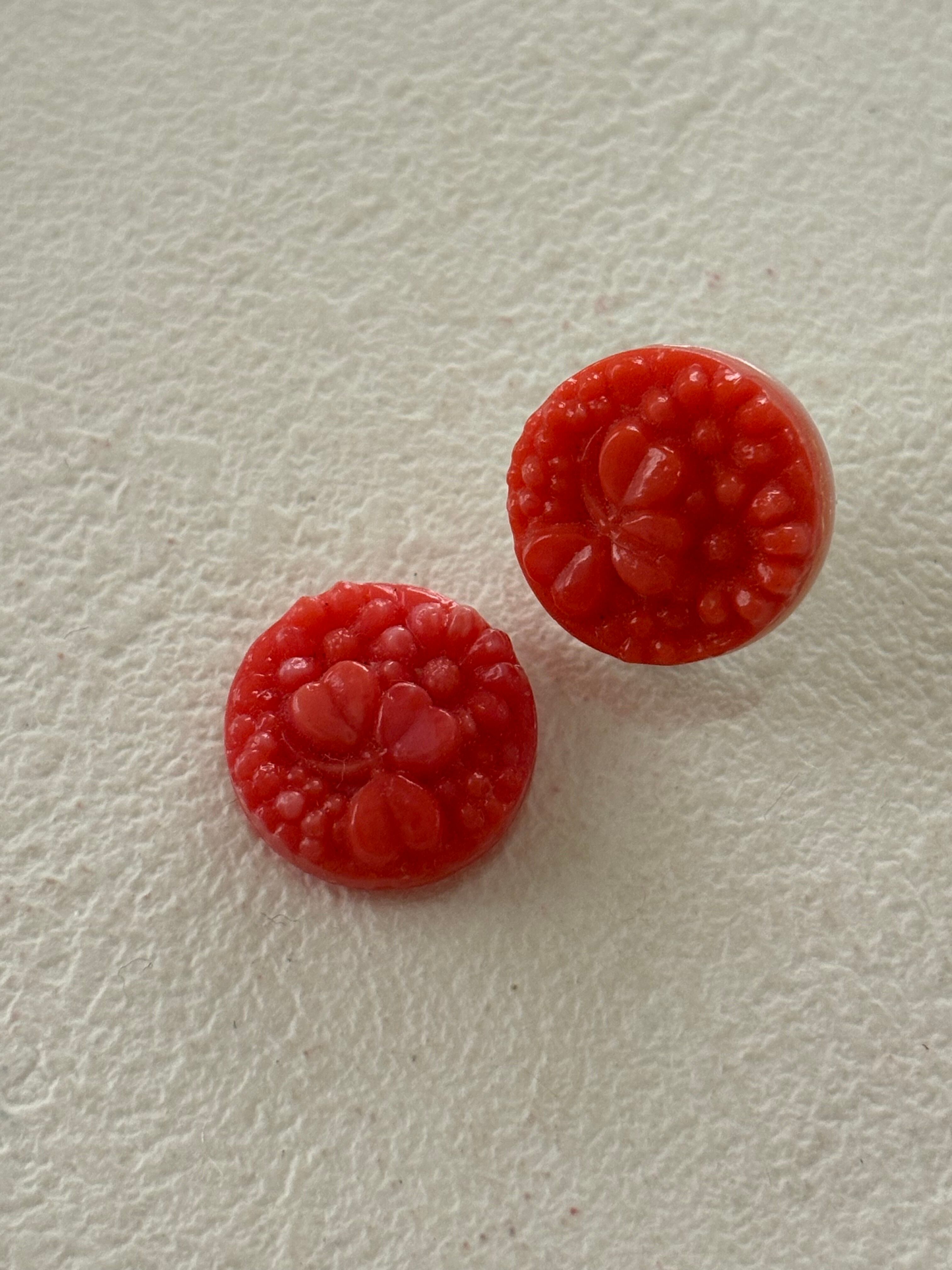 チェコVintage ガラスボタン・カボション 2点セット 14mm レッド フラワー リーフ アクセサリーパーツ デコレーション材