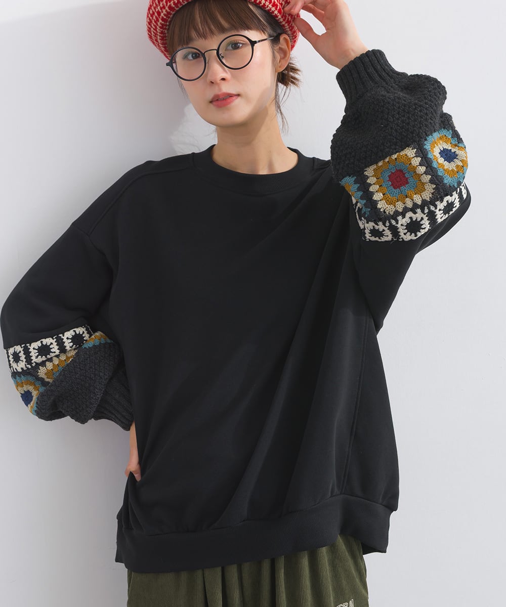 K53117 CT裏毛クロシェモチーフ袖切替スエットプルオーバー / K53117