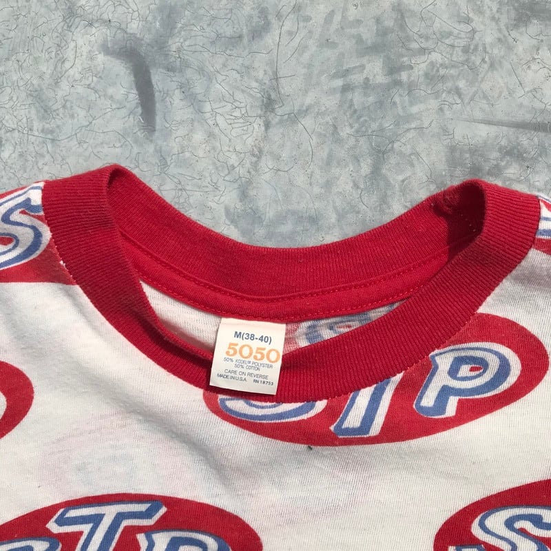 80's STP 総柄 Tシャツ 染み込みプリント USA製 エンジンオイル OLD