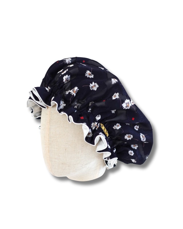 8歳〜大人用 Sheer Blossom Navy（シアー・ブロッサム）国産シルクナイトキャプ　洗える加工　