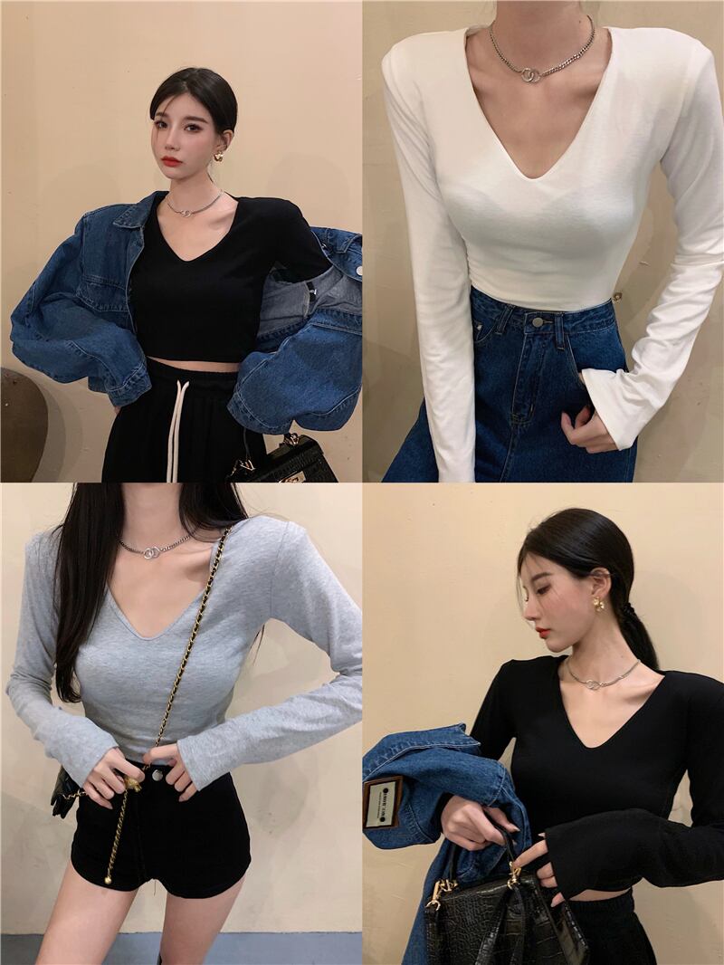 Tシャツ シャツ ショートスリムVネックベーシックマルチカラー長袖スリーブトップス ロング コットン ブラックストロベリース1837832475