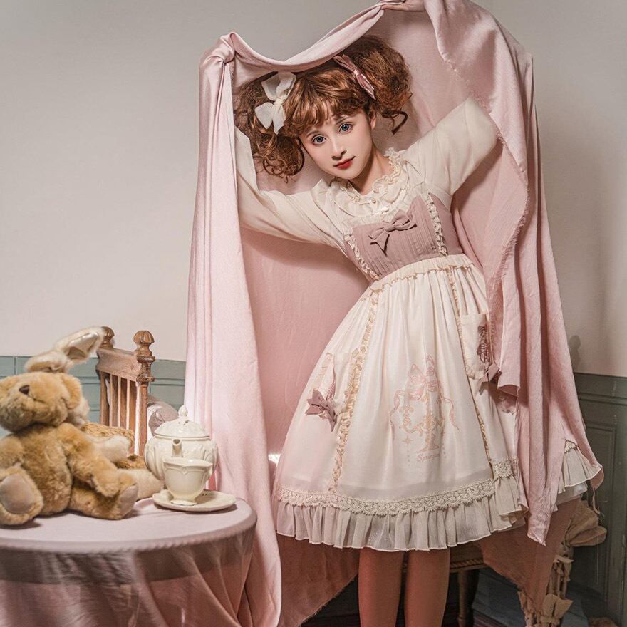 サブカル 服 地雷系 通販 甘ロリ ワンピース 長袖 Aライン リボン アンティーク風 フリル襟 くまちゃん 量産型 ガーリー