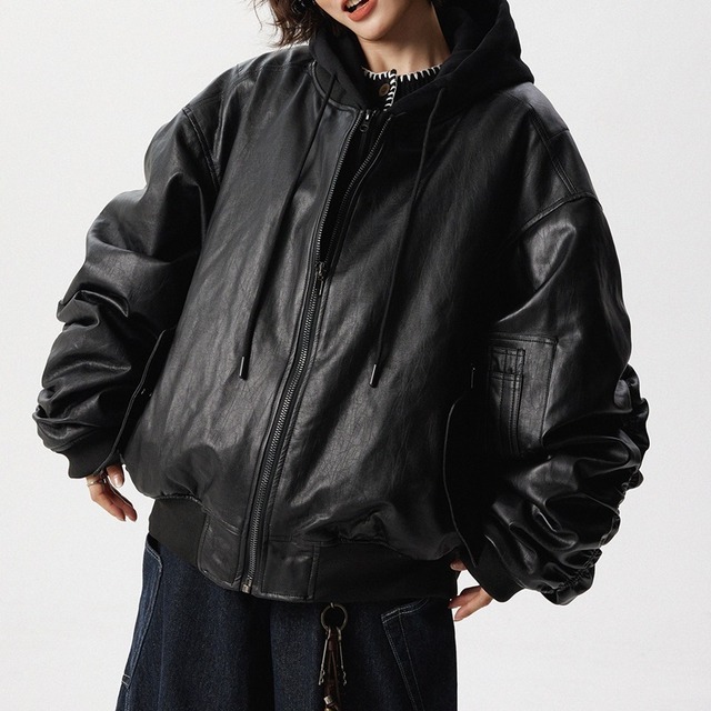 hooded faux leather jacket　フード付きフェイクレザージャケット　J1470