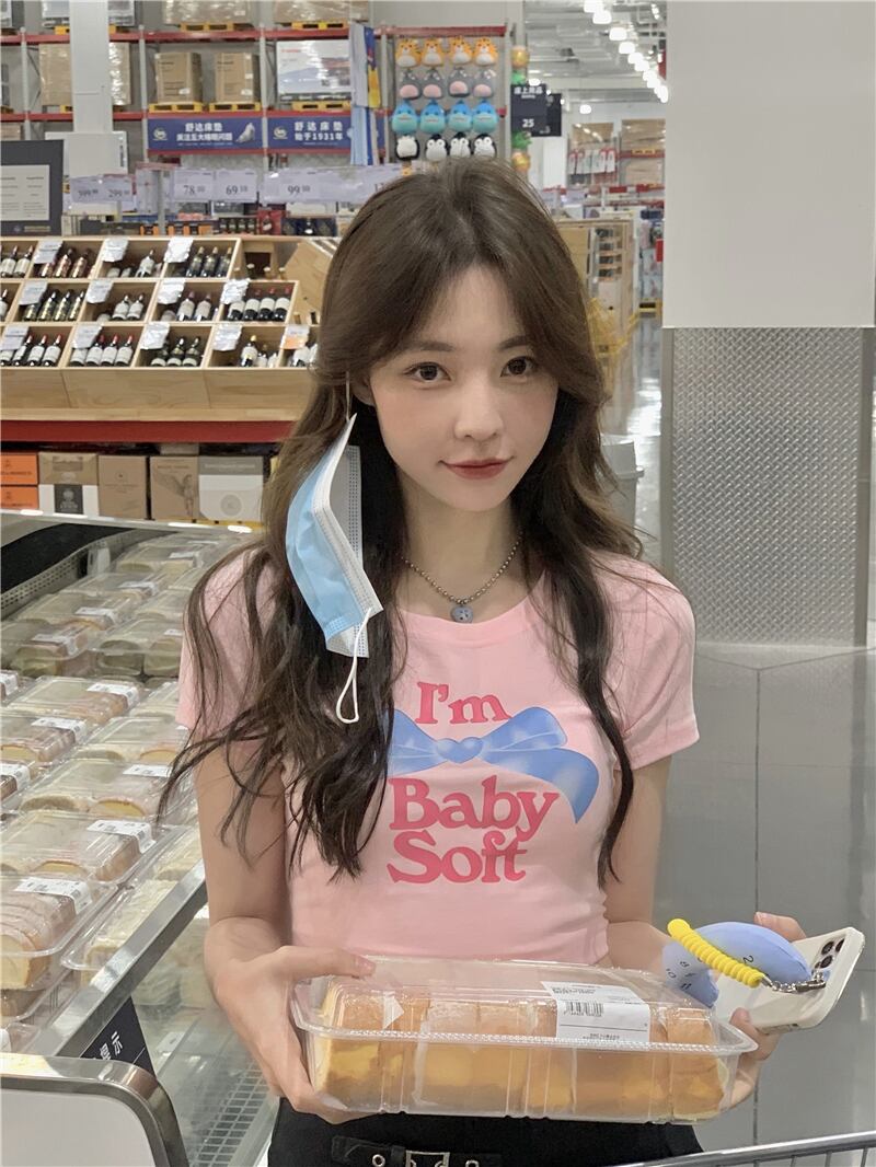 スリムショートプリント柄ラウンドネックTシャツ サマースタイルトップス 夏物 Oネック モンロー93897299024