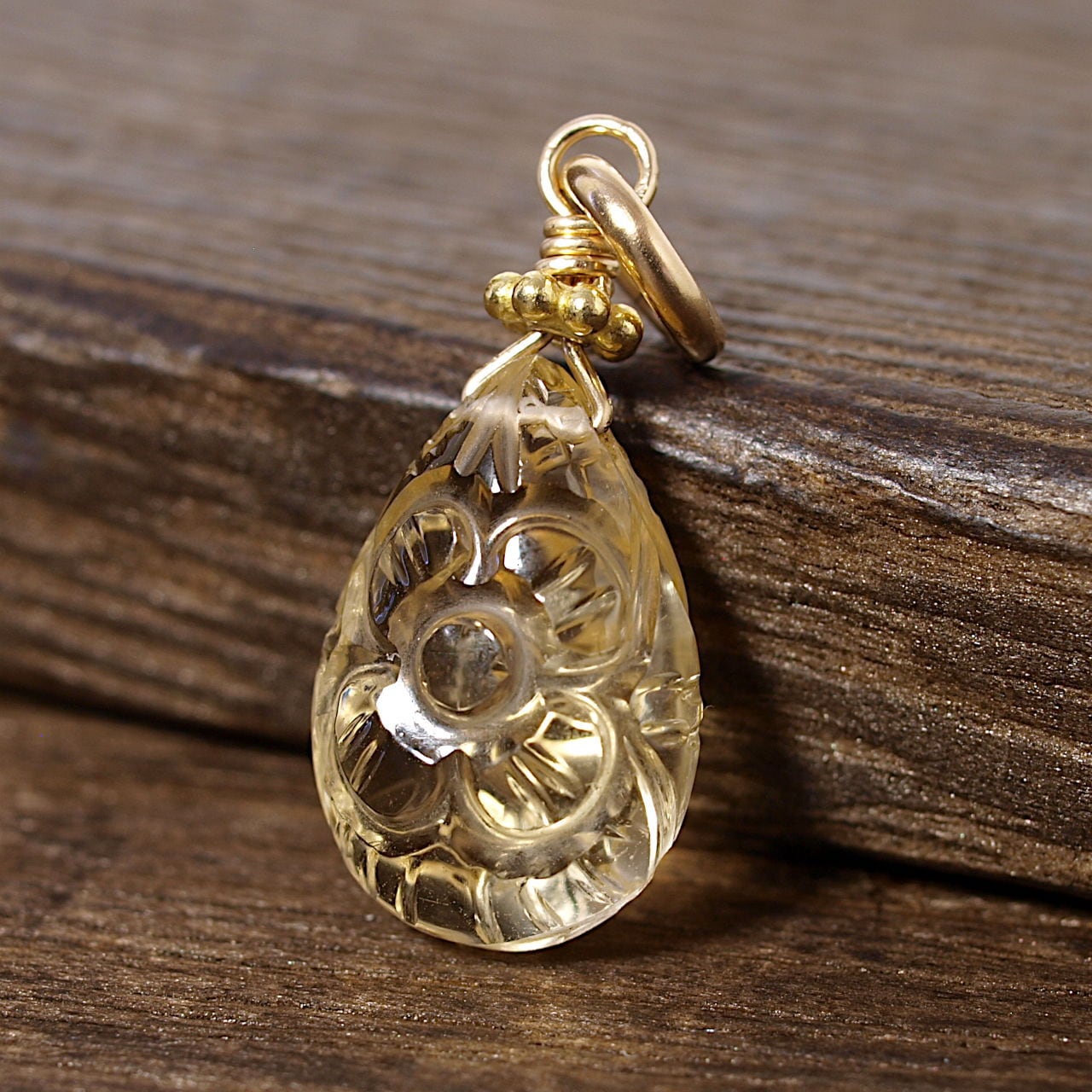 【限定】シトリン花カービングK14GFペンダントトップ