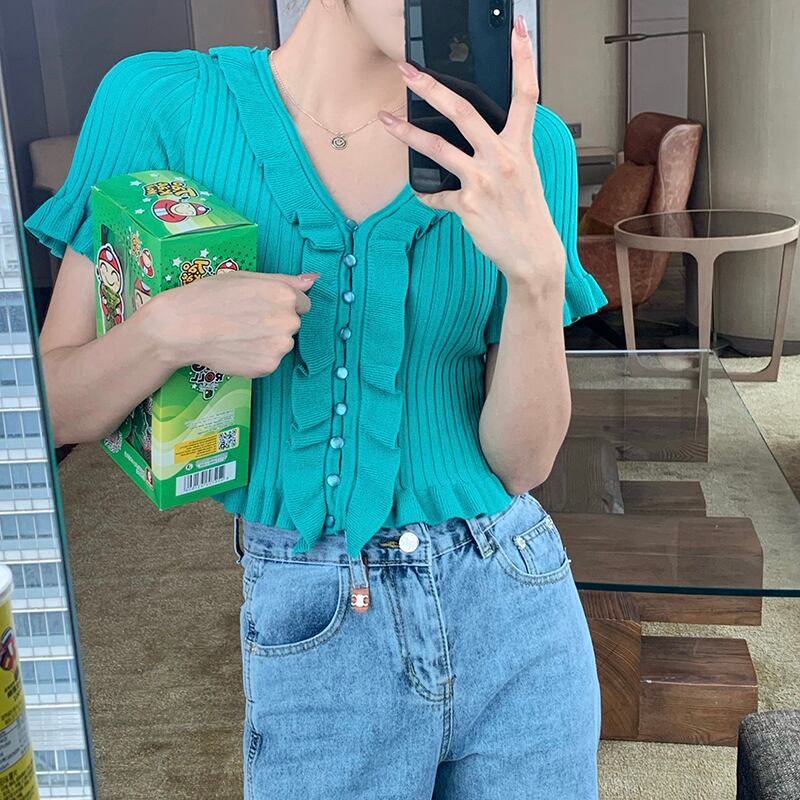 ニットトップス サマーショート薄手ハートカラー半袖スリーブソリッド カーディガン ハーフスリーブ 夏物 ソリッドカラー ビッグFスモールZ韓国20230007739