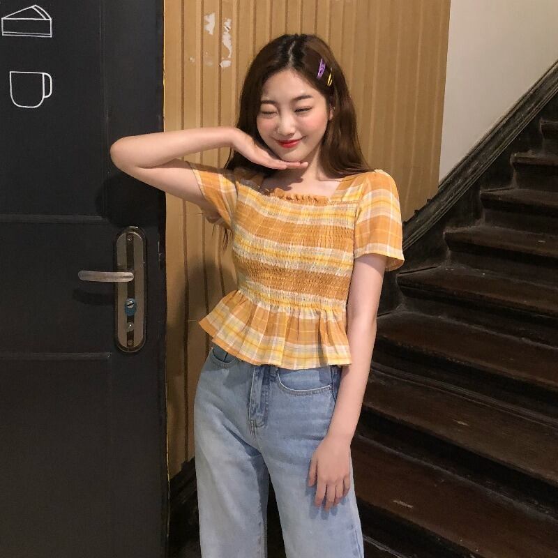 2020年春夏新バージョンのスクエアカラーチェック柄シャツレディースバッククロススリムトップレトロ香港フレーバー 1号婦人56890364979