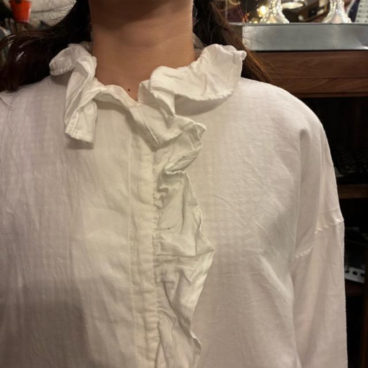 ICHI Peach Washer Frill Shirt, White, Natural Cotton, Women's Blouse, Knit Shirt, Layering Shirt, Long Sleeve