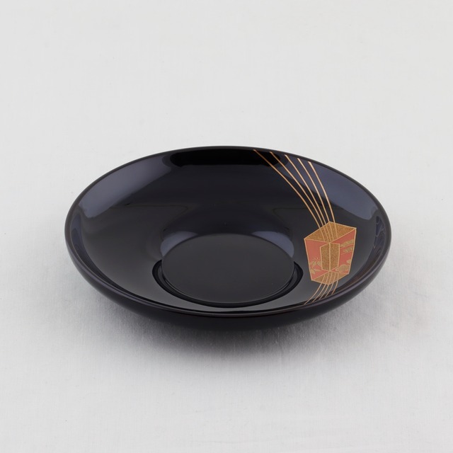 1614  輪島塗　茶托／4.2ダルマ形／黒塗／熨斗蒔絵／五枚組