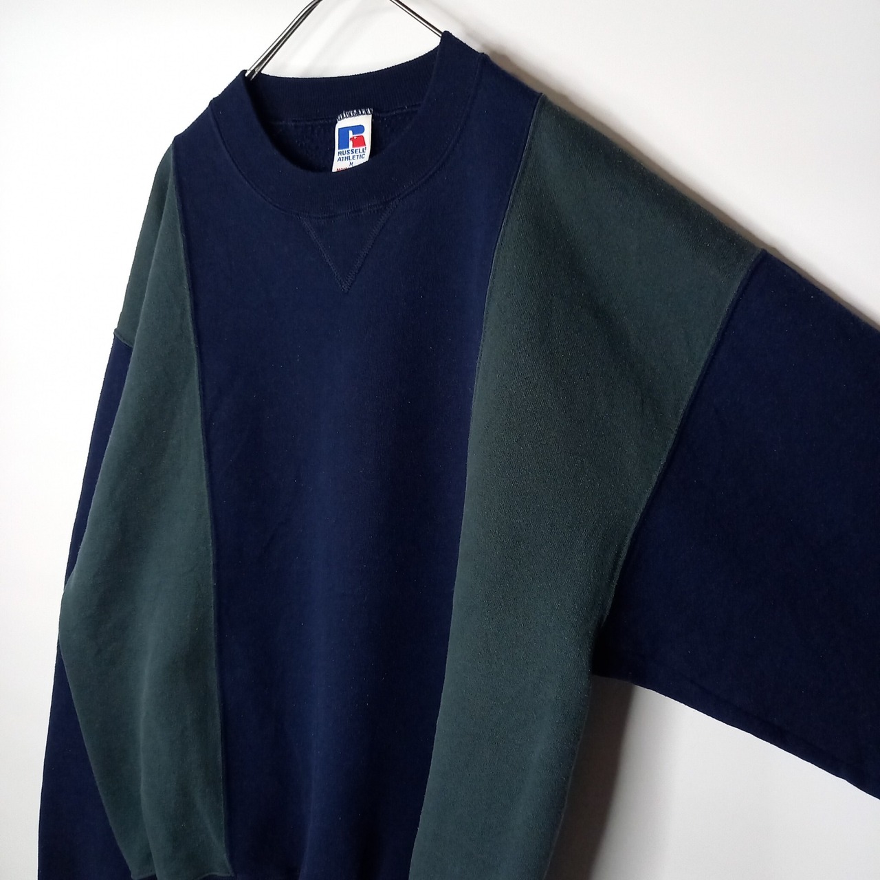 90s　アメリカ製　ラッセル　スウェット　トレーナー　ストライプ　ネイビー　グリーン　M