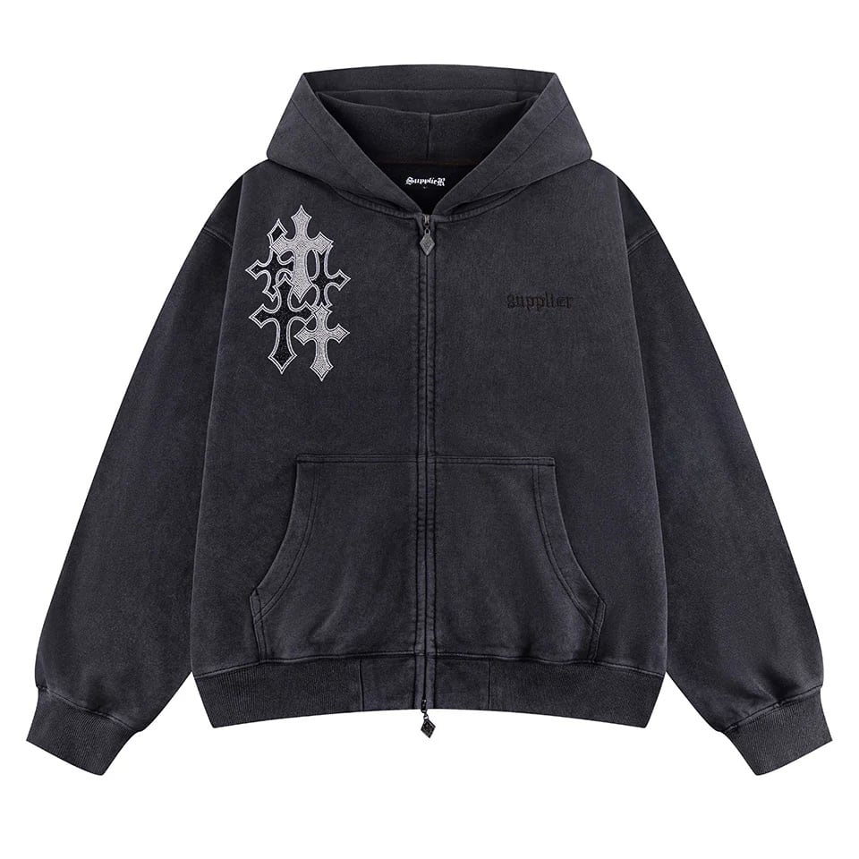 supplier】Multiple Cross Rhinestone Zip Hoodie / BLACK