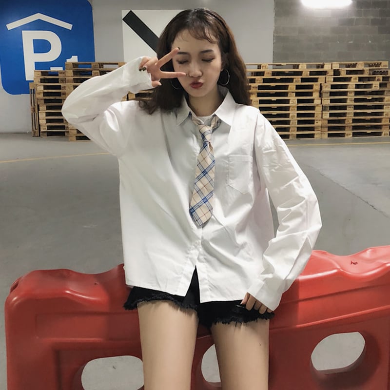 春秋 韓国 学生風 カッター シャツ ブラウス 白 ホワイト 春秋 韓国 学生風 カッター シャツ ブラウス 白 ホワイト