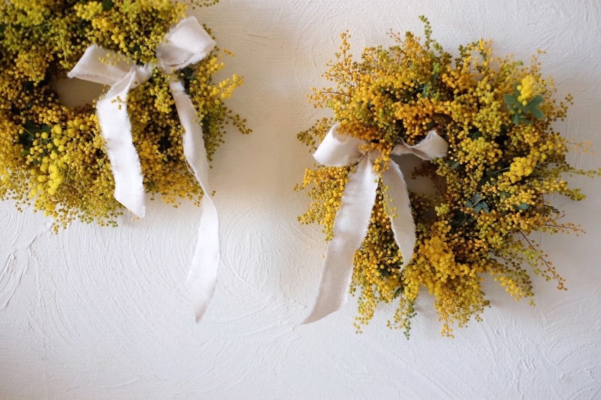 ミモザのシンプルリース　 cotton ribbon