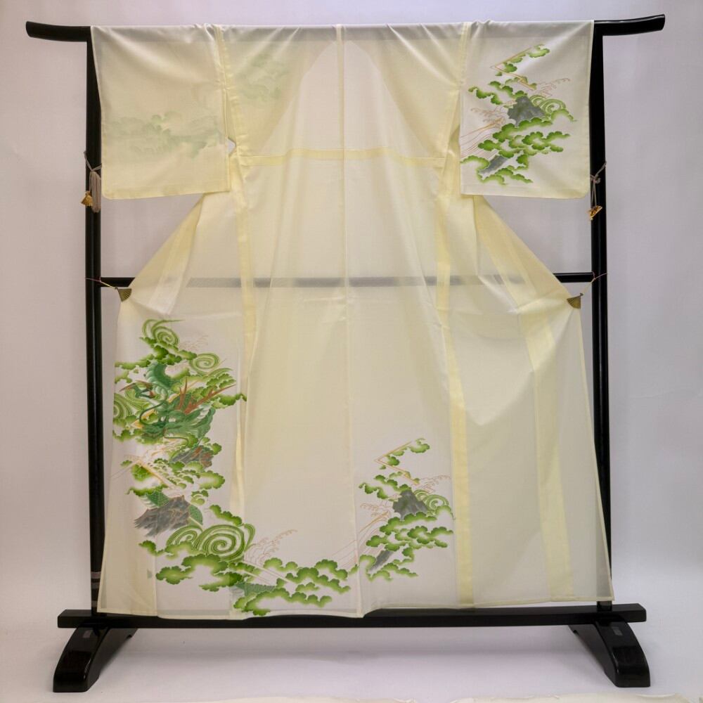 訪問着 付け下げ 絽 夏用 夏 洗える着物 礼装 ポリエステル 裄67cm L サイズ 黄緑 龍 5969