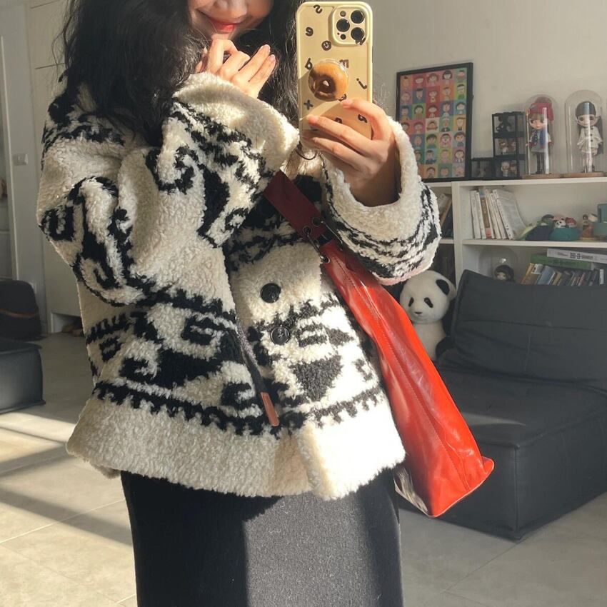 geometric pattern boa hooded jacket J00168