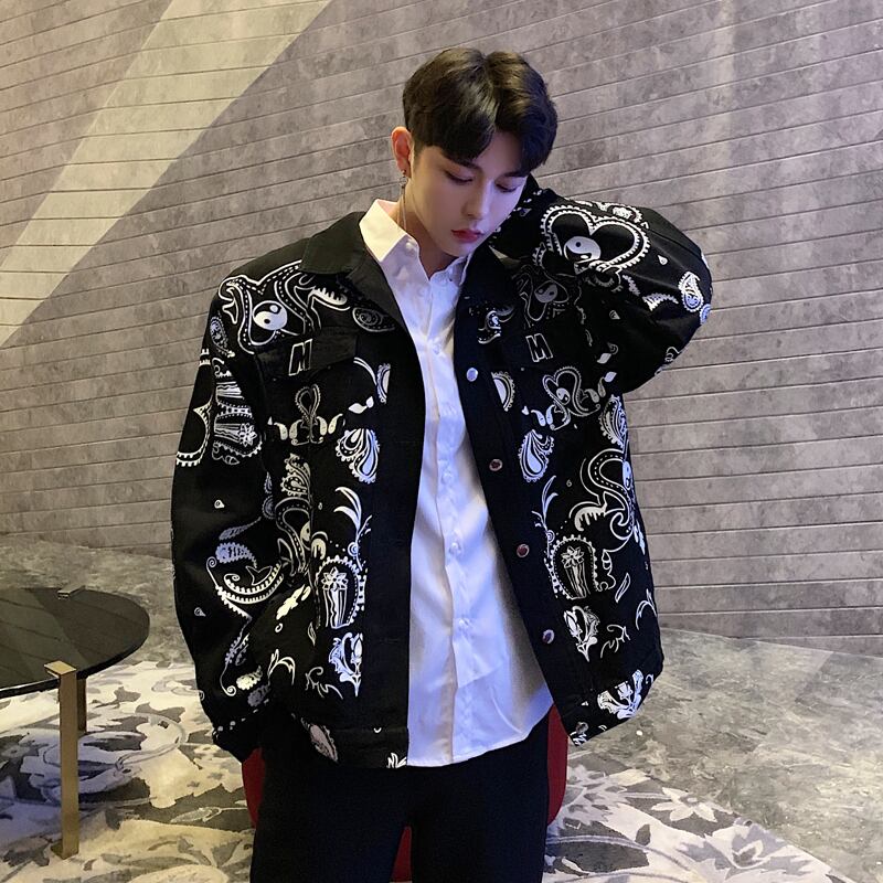 病みカッコイイ メンズファッション ストリートファッション ヒップホップ 個性的 裏原 スタンダードプリントジャケット ルーズスプリングオータムカジュアル レトロ かわいい 春物 秋物 Muzi 病みカッコイイ