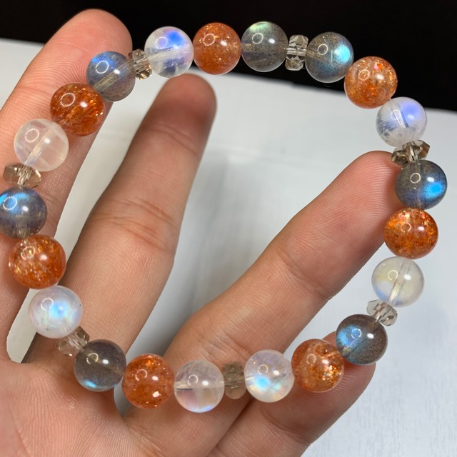 最高峰☆ホワイトラブラドライト×ラブラドライト×サンストーン☆長石ミックス☆デザインブレスレット