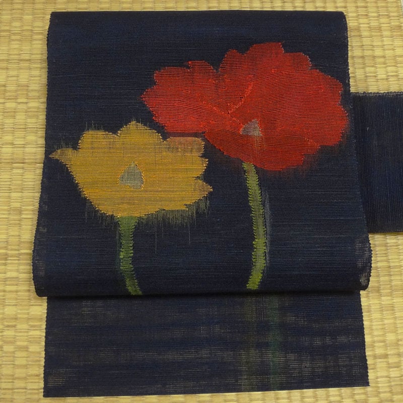 夏帯 紺色に赤と黄色との大柄の花 八寸名古屋帯 | アンティーク