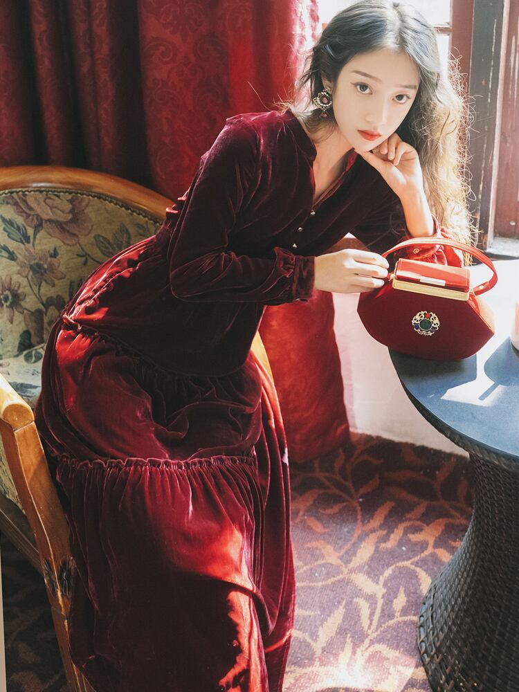 2019秋新作 秋冬 フレンチ レトロ スリムドレス 女性 ワイン 2019秋新作 秋冬 フレンチ レトロ スリムドレス 女性 ワイン