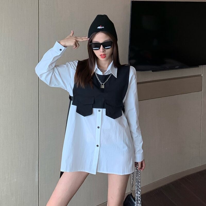 スタンダードブラックホワイトシャツ スプリングスタイルルーズ レトロ 春物 ドラファッションホール12492705925