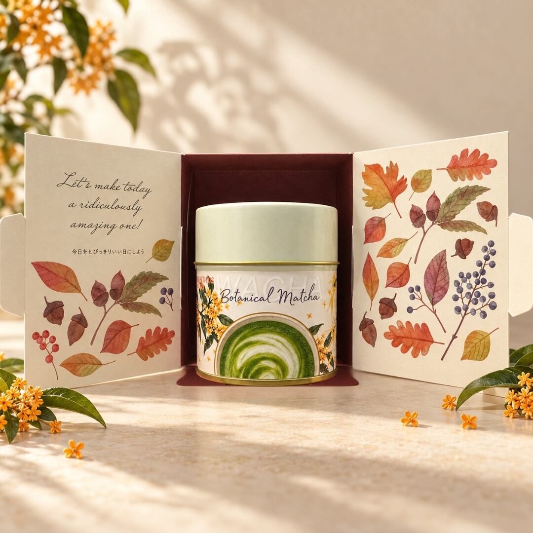 WACHA Osmanthus Matcha Gift Set | Limited Autumn Botanical Matcha 20g with Edible Dried Osmanthus Flowers & Autumn Gift Box