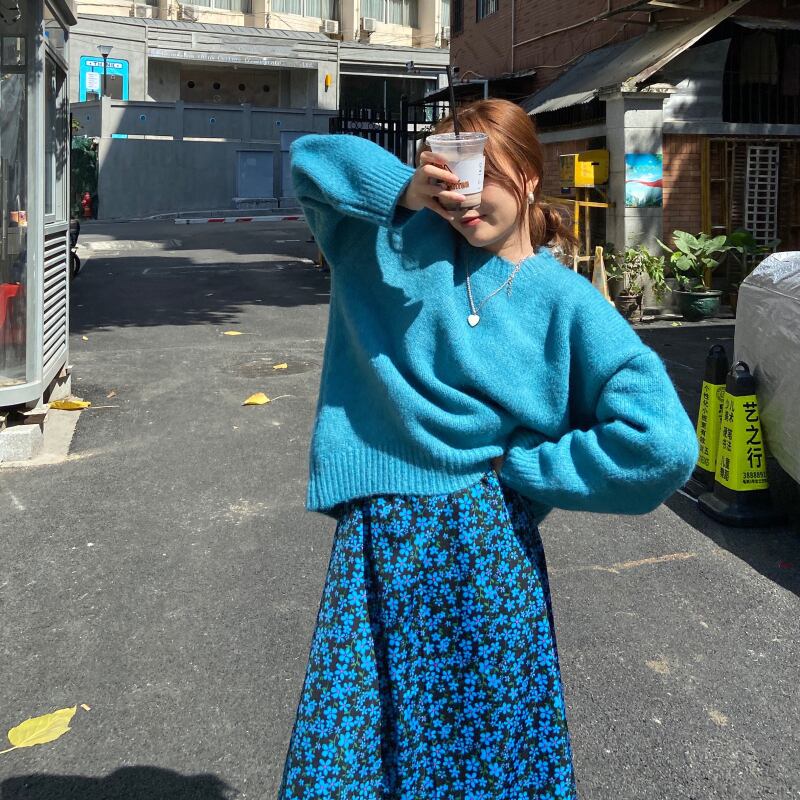 セーター レディースルーズスタンダードブルーニットスプリングスタイルラウンドネックプルオーバー トップス レトロ 春物 Oネック ブラックストロベリース27730712323