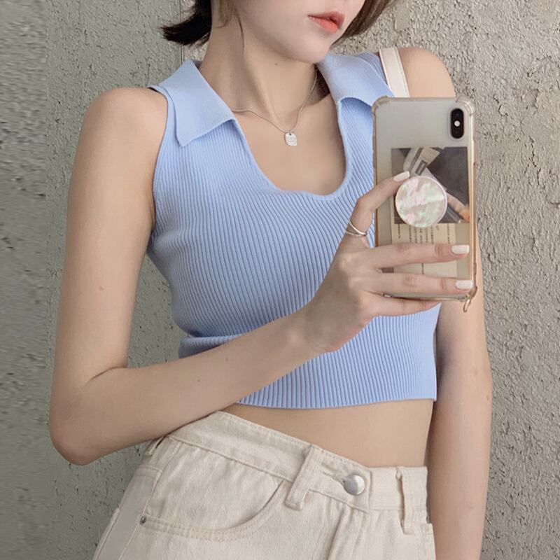 ブルーノースリーブニットサマートップス ショート 夏物 試着室77656445547