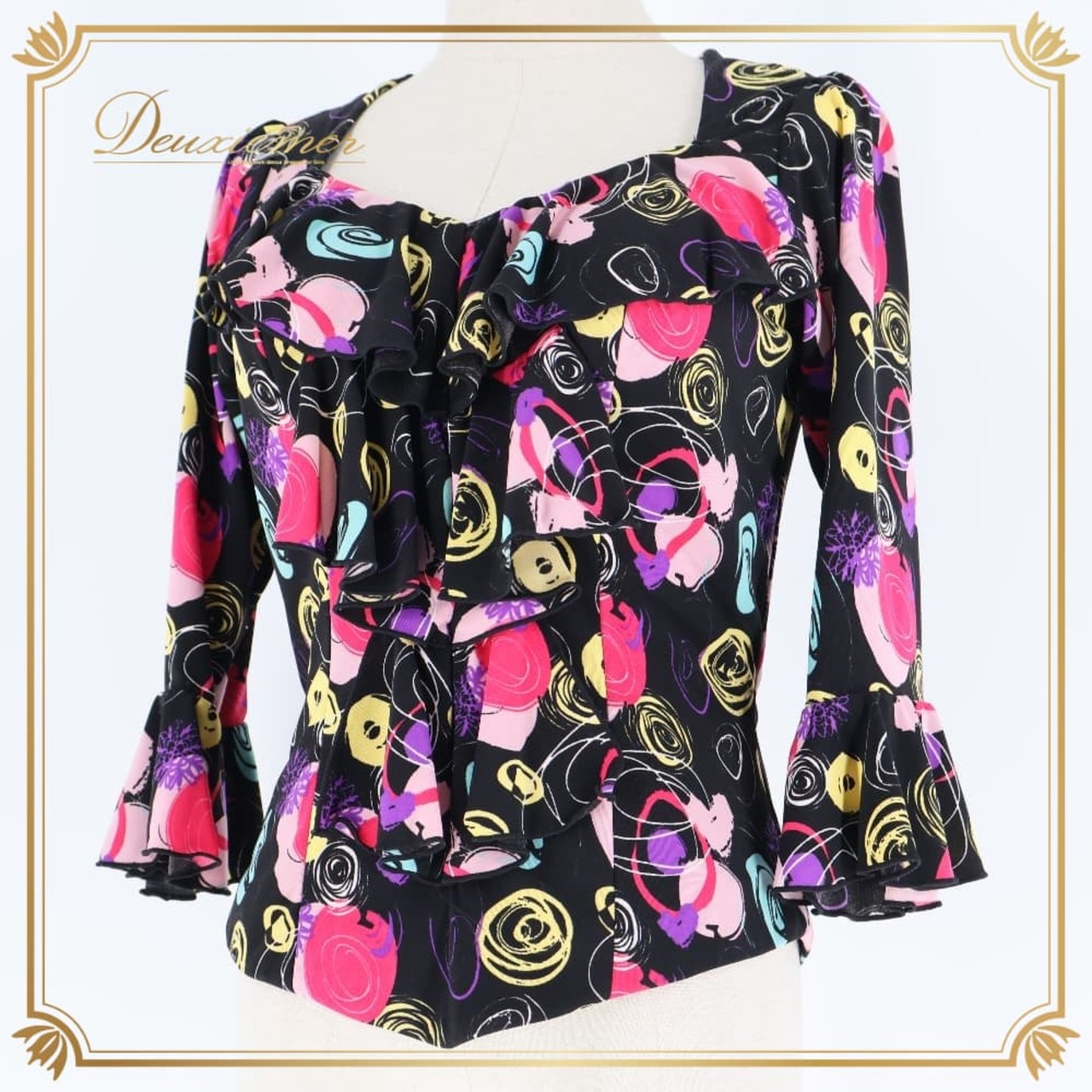 フラメンコ 衣装 ブラウス トップス ブラック系 ピンク系 パープル系 黒 紫 ピンク 柄 模様 賑やか 華やか ダンス パーティ 発表会 フラメンコ用 レディース カラフル 模様入り 個性的 フォーマル イベント用 パーティー用