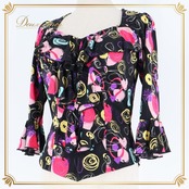 フラメンコ 衣装 ブラウス トップス ブラック系 ピンク系 パープル系 黒 紫 ピンク 柄 模様 賑やか 華やか ダンス パーティ 発表会 フラメンコ用 レディース カラフル 模様入り 個性的 フォーマル イベント用 パーティー用