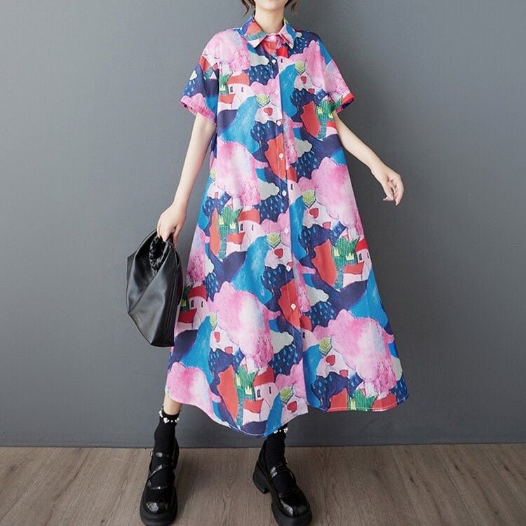 ART PRINT SHORT SLEEVE MIDI SHIRT DRESS M-17556
