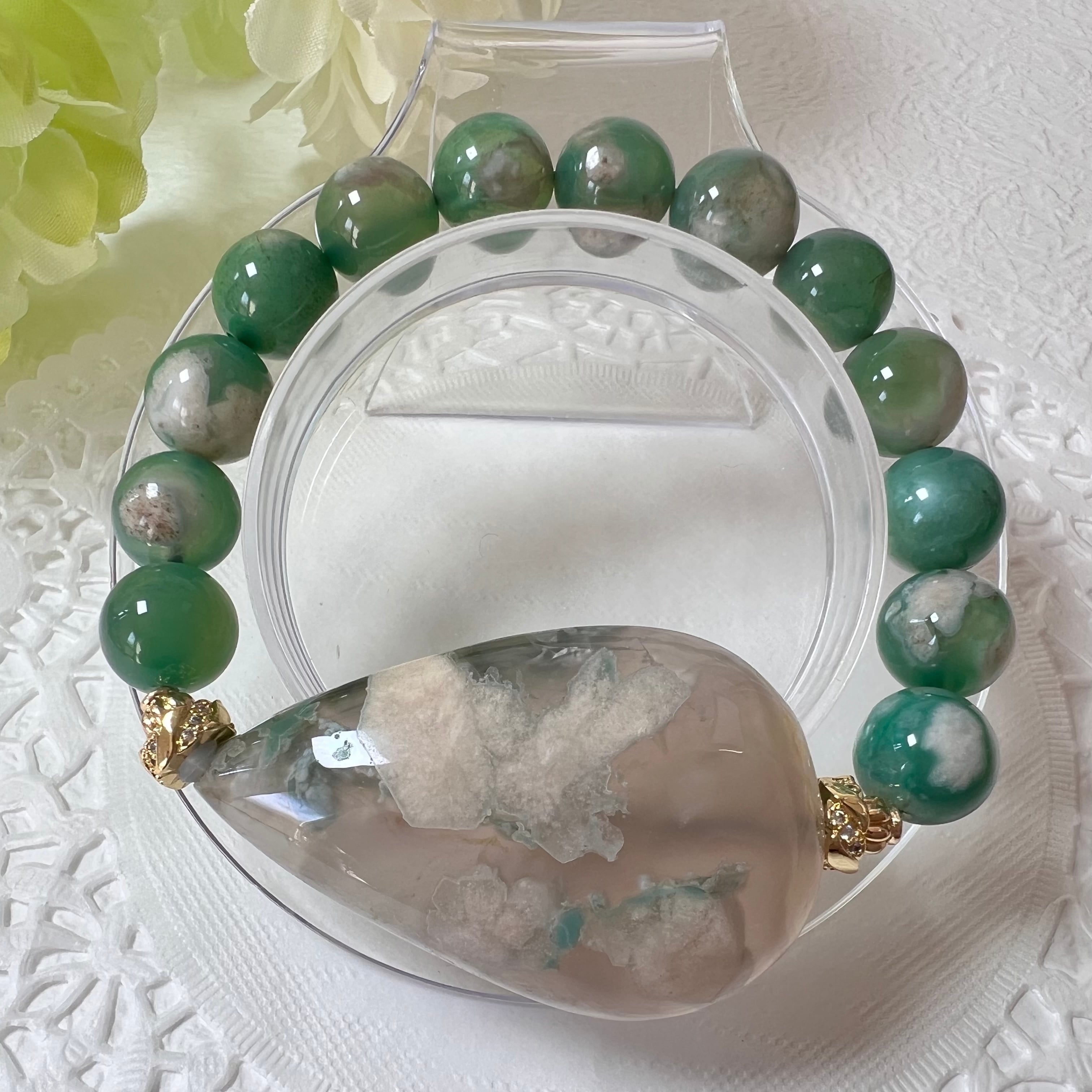 【グリーン桜瑪瑙雫ブレスレットしずく①】♥送料無料♥天然石 パワーストーン