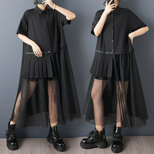 BLACK MESH STITCHED HALF SLEEVES DESIGN SHIRT DRESS 1color M-17107