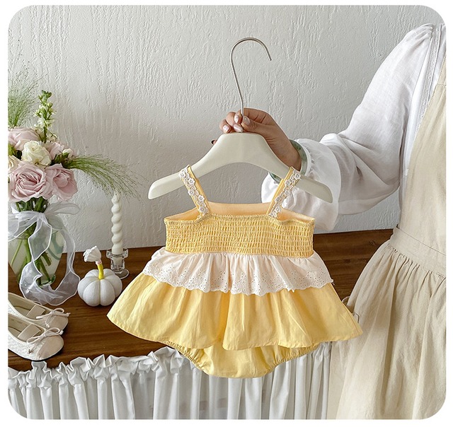 【BABY】イエローレースフリルキャミソールロンパース - 8