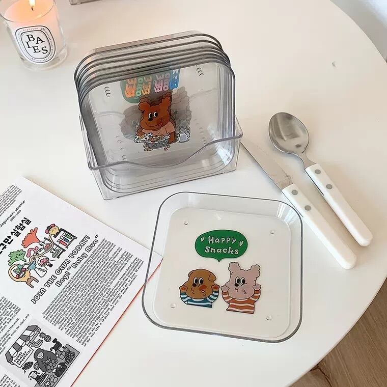 可愛いプレート４枚セット おうちでカフェ気分 くまモチーフ 食器 スクエアプレート クリア ディッシュ 韓国雑貨 キッチン 写真映え お皿 平皿 アクセサリートレイ Lamitte Deco トレンド 韓国ファッション ショップ Base店