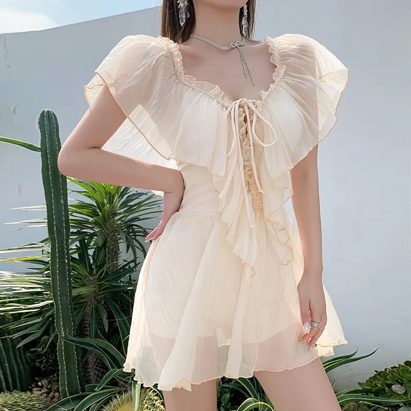 ウエストプリーツ フリル セクシー ワンピース ビキニ 韓国 d285 ワンピース水着,セクシー,フリル,レースアップ,韓国,モノキニ